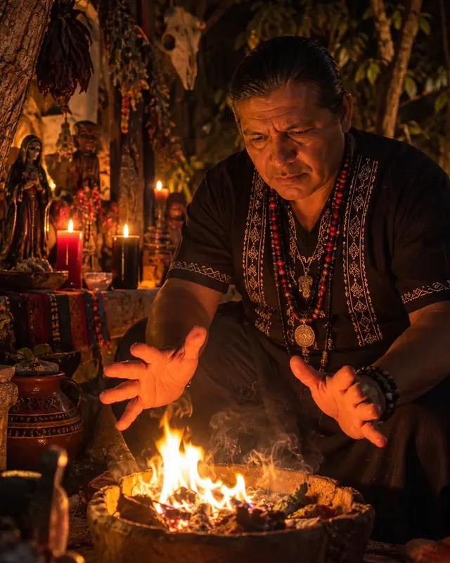 Chamán mexicano en ceremonia de fuego con copal frente a su altar, durante una consulta con chamán