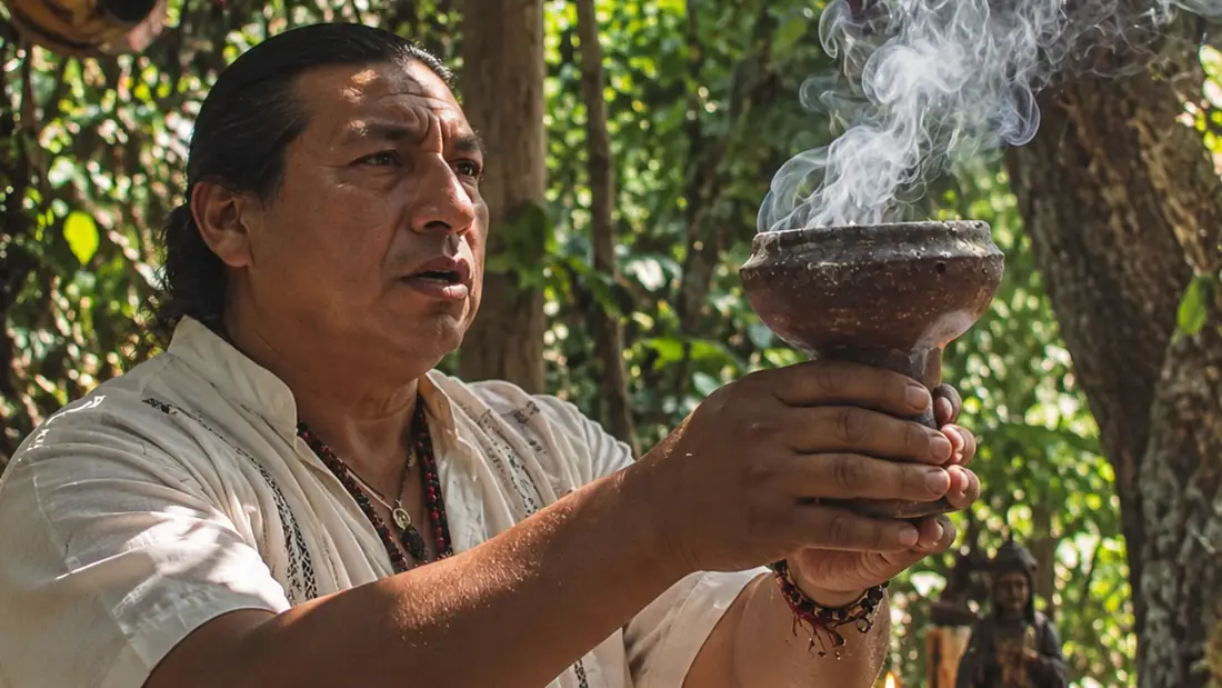 Uno de nuestros chamanes eleva el sahumerio con humo de copal durante una limpia energética al aire libre